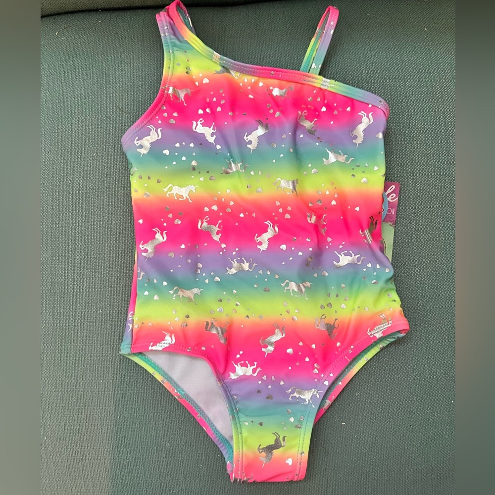 NWT Freestyle Revolution SPF 50 Neon Metallic Unicorn Swimsuit, Girls 2T